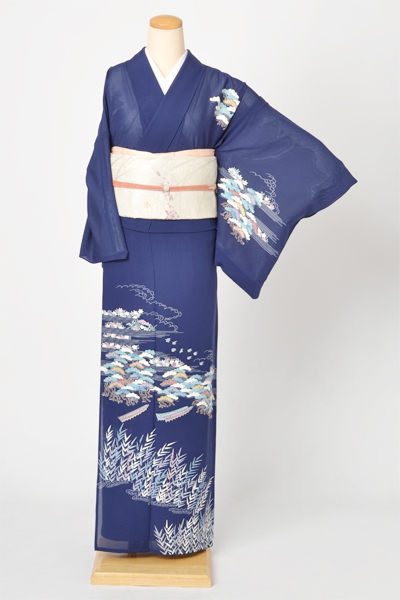 絽訪問着[藍色・葦]