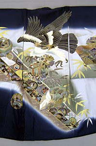 男児産着［濃紺地に扇面と鷹模様］