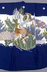 男児産着［紺地に若松と鷹模様］