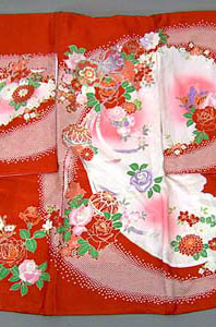 女児産着［赤地に花模様］