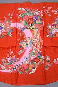女児産着［朱色地に花車模様］