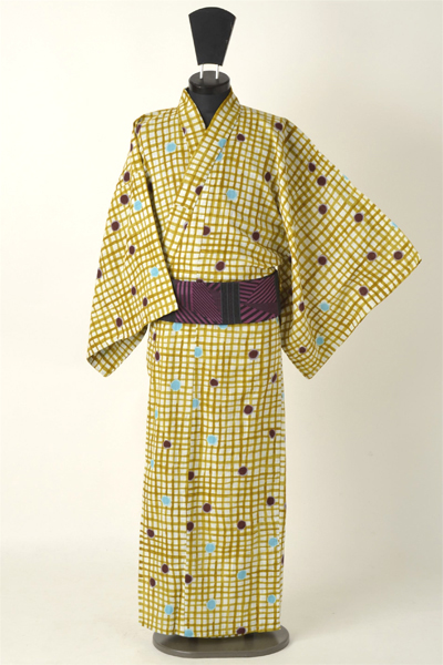 浴衣［168-176cm］黄土色のよろけ格子に水玉模様