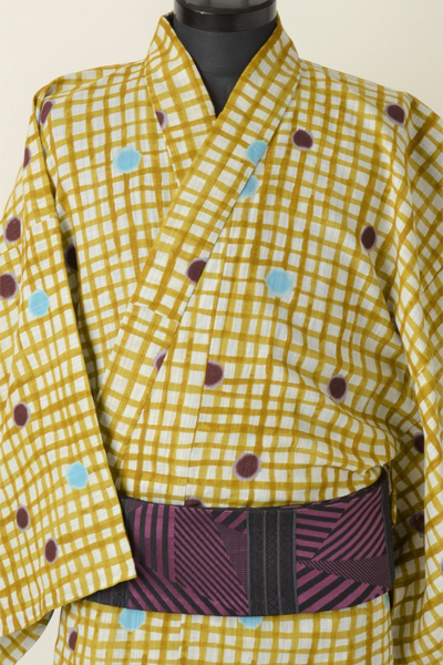 浴衣［168-176cm］黄土色のよろけ格子に水玉模様