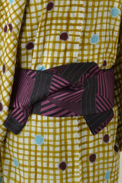 浴衣［168-176cm］黄土色のよろけ格子に水玉模様