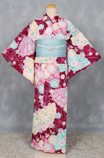 ゆかた(赤紫・扇面)