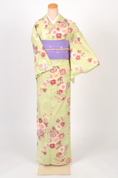 浴衣［涼夏あそび・若草色の菊と撫子模様］