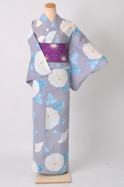 浴衣［白地の筋模様に朝顔模様］