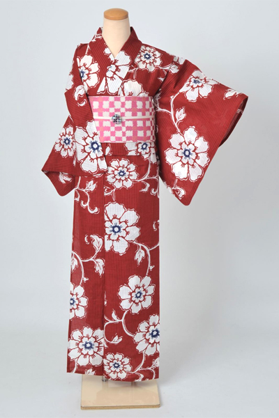 浴衣［百華園・臙脂色地に華唐草模様］