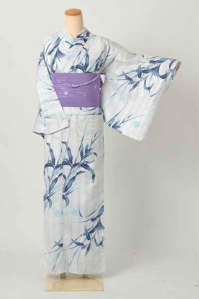 浴衣［白地の水草に水輪模様］