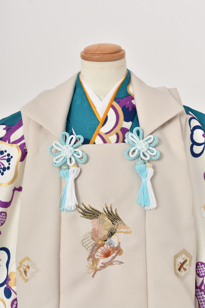 3歳祝着【被布：ベージュ色・長着：青緑色】