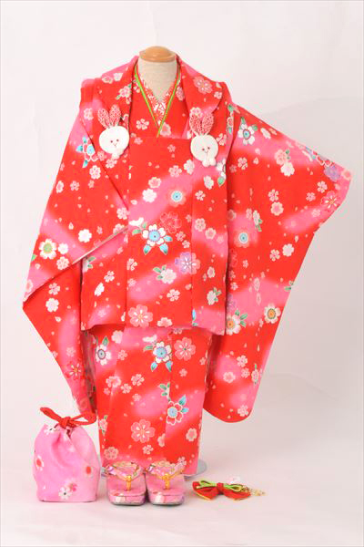 三歳祝着【赤地に大小の花々】