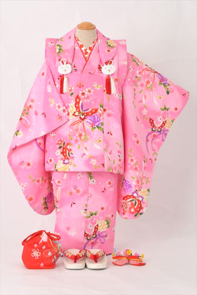 三歳祝着【ピンク地に蝶・花】