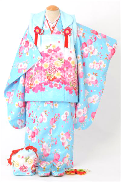 三歳祝着【爽やかな水色地に花々】