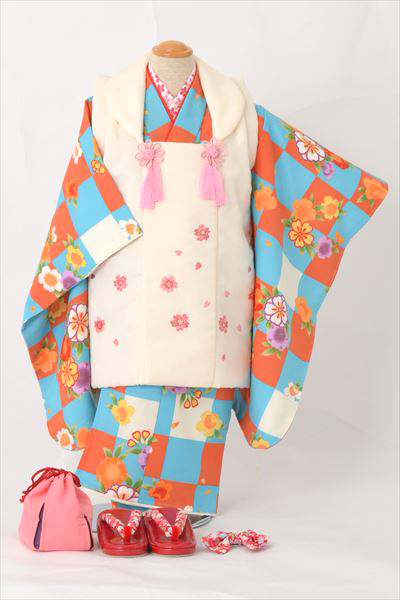 三歳祝着【水色・オレンジ地に桜】