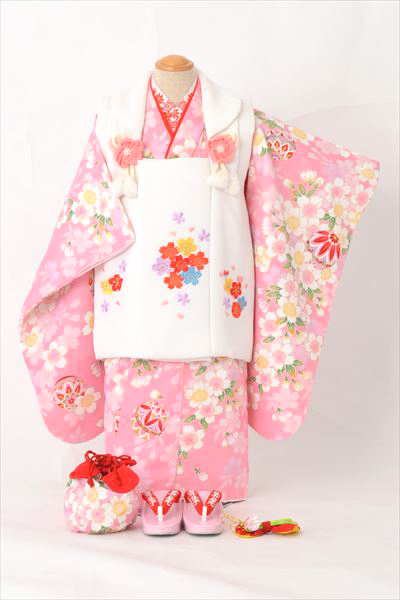 三歳祝着【桜色地に桜・毬】