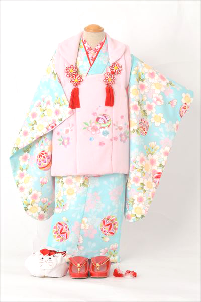 三歳祝着【水色地に桜・毬】