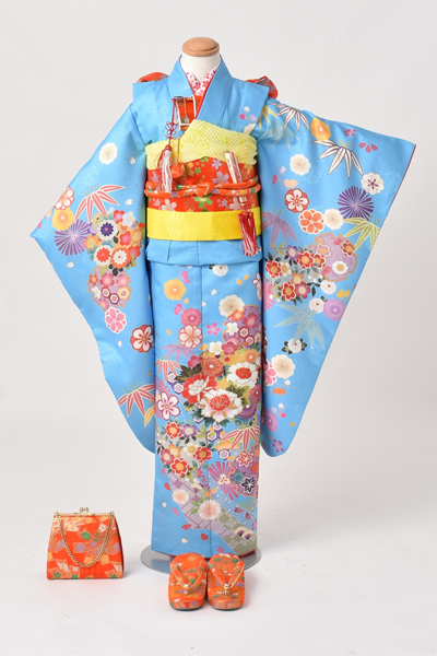 七歳祝着【水色地に百花繚乱】