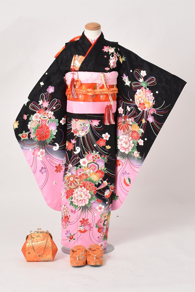 七歳祝着【黒地に四季草花・毬】