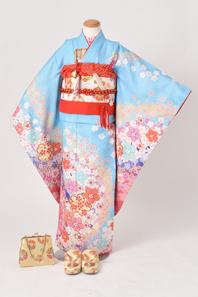 七歳祝着【空色地に花々】