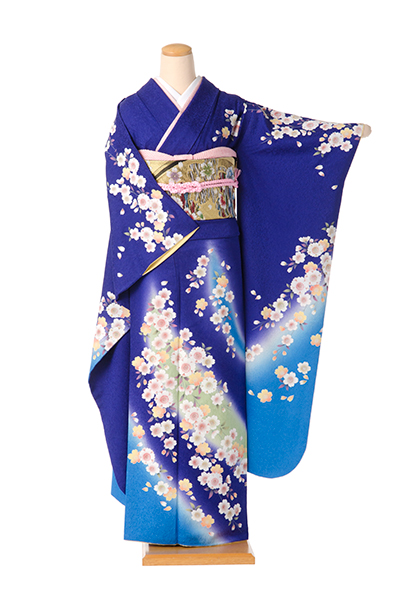 振袖[鮮やかな紺地、桜]