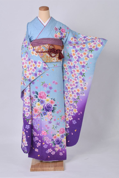 振袖【水色地に花々×パープル】