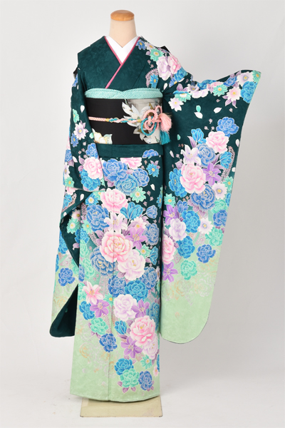 振袖【深緑地に華やかな花々】