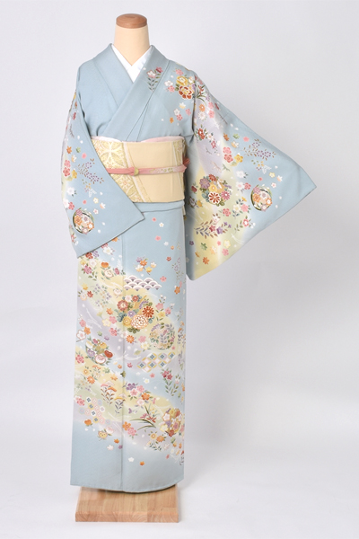 訪問着(新橋色に四季草花)