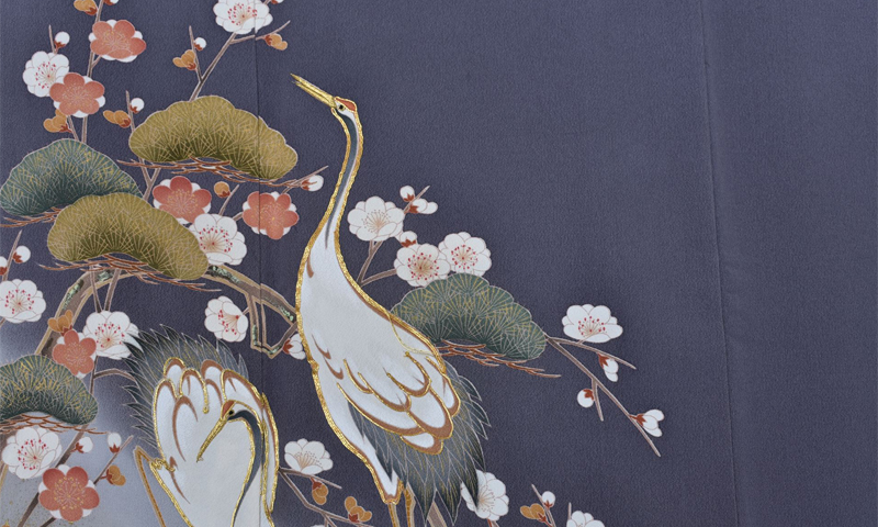 色留袖〔紫グレー地に白鶴〕