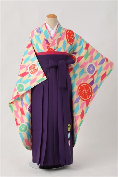 ジュニア袴【卒園式・女児／水色ピンク・矢羽根・家紋】