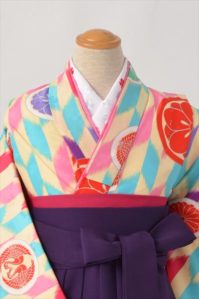 ジュニア袴【卒園式・女児／水色ピンク・矢羽根・家紋】