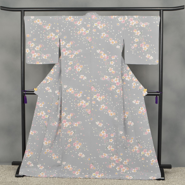 ひとえ_【友禅小紋・グレー地に桜柄】