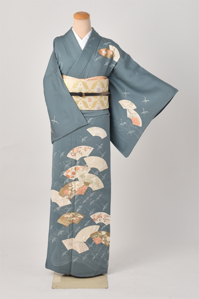 単衣訪問着[花浅葱色地・地紙扇面]