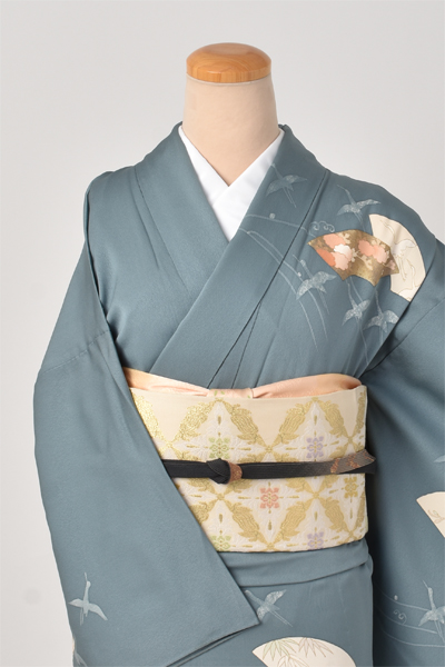 単衣訪問着[花浅葱色地・地紙扇面]