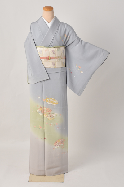 単衣付下げ訪問着[灰色地・地紙扇面]