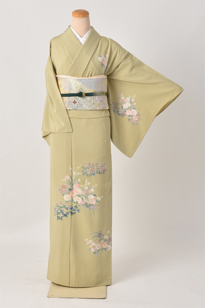 単衣付下げ訪問着[萌黄色地・草花柄]