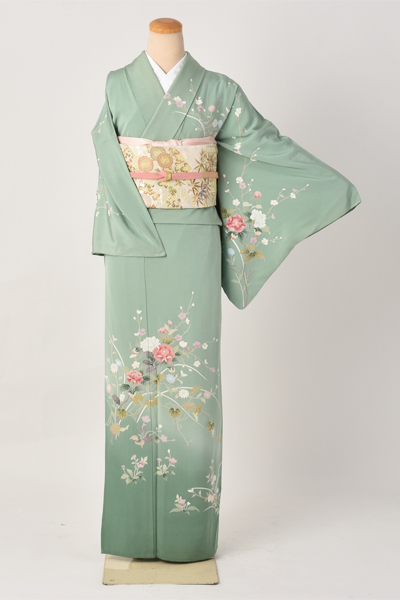 単衣訪問着[若竹色地・草花柄]