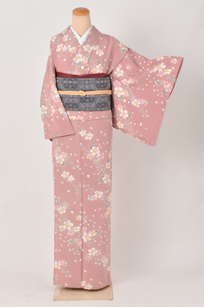 単衣小紋［桃色地・桜柄］