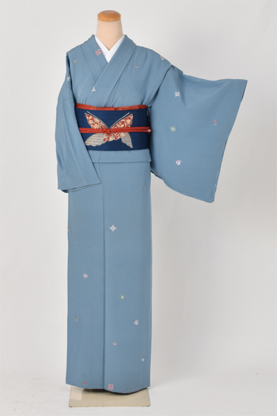 単衣小紋［花浅葱色と刺繍］