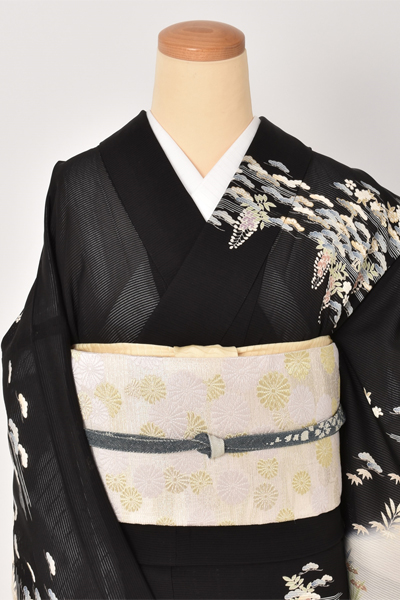 夏物訪問着〔黒地に苫舟や松〕