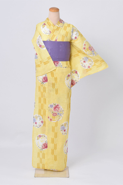 ゆかた(黄色/矢絣、花)