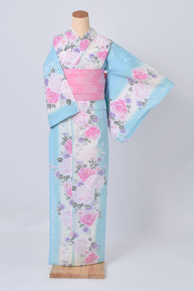 ゆかた(水色/ピンク花)
