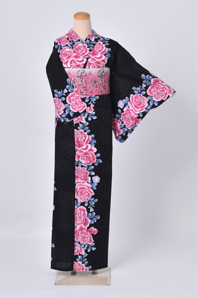 ゆかた(黒/ピンク薔薇)