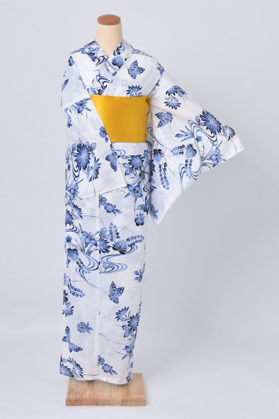 浴衣【ホワイト×藍染・花・蝶】4Lサイズ