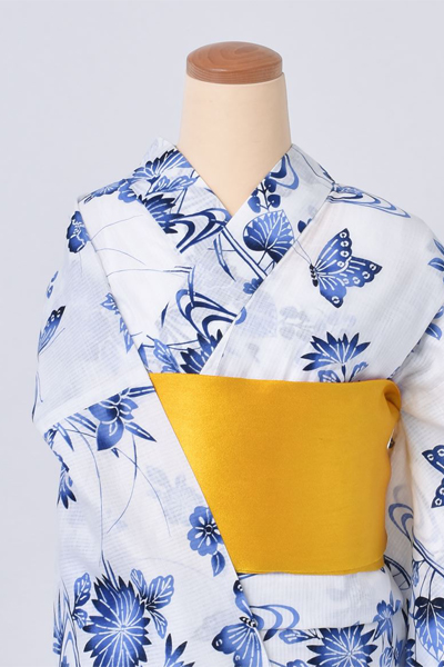 浴衣【ホワイト×藍染・花・蝶】4Lサイズ