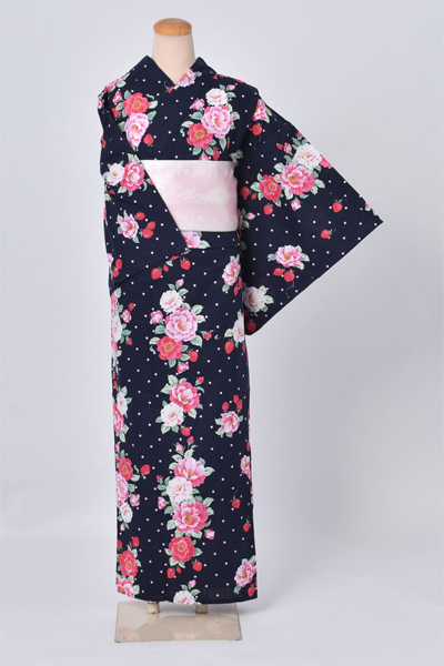 浴衣【紺×ドット・花・イチゴ】