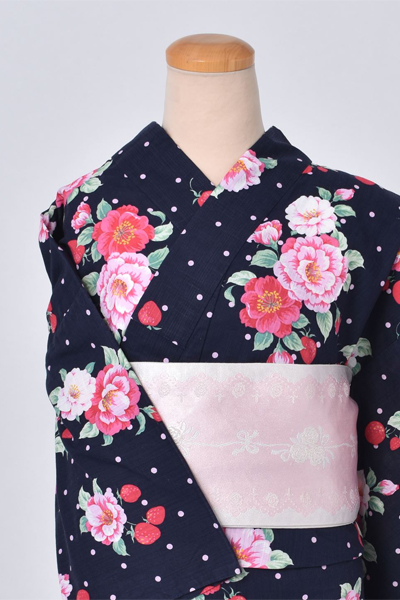 浴衣【紺×ドット・花・イチゴ】