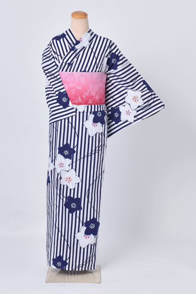 浴衣【紺・白×縞・桔梗】4L～5Lサイズ
