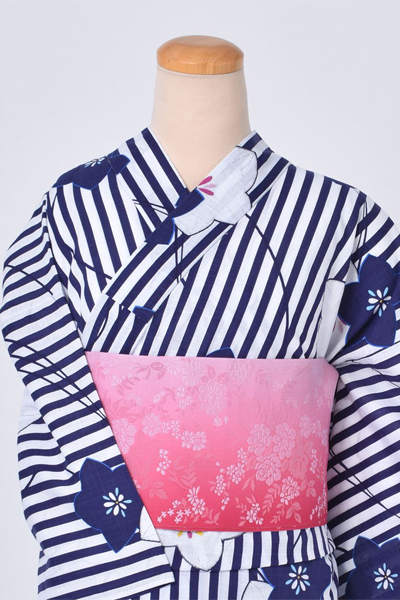 浴衣【紺・白×縞・桔梗】4L～5Lサイズ