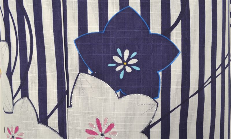 浴衣【紺・白×縞・桔梗】4L～5Lサイズ
