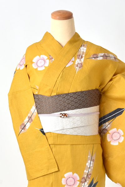 浴衣【マスタードイエロー×撫子・矢羽根】3Lサイズ